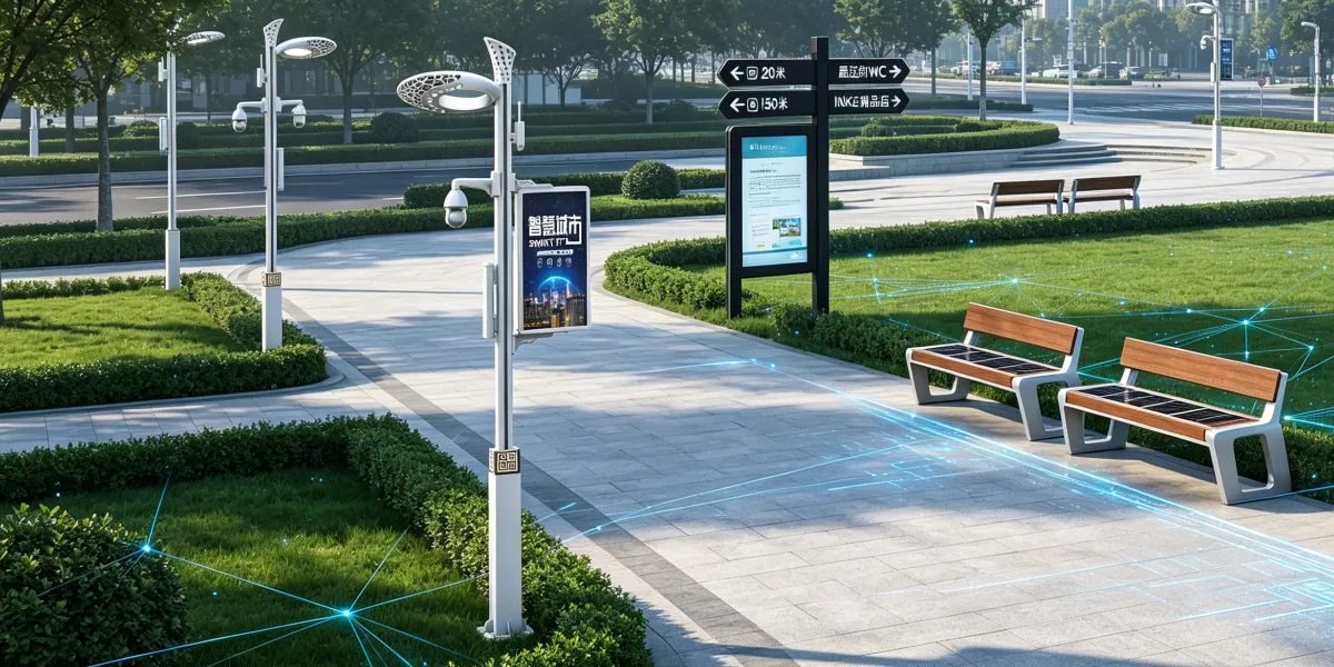 The picture shows smart light poles, smart solar benches, smart trash bins, and other products produced by Hangzhou Sanqian Smart City Technology Co., Ltd. The picture shows smart light poles, smart solar benches, smart trash bins, and other products produced by Hangzhou Sanqian Smart City Technology Co., Ltd.